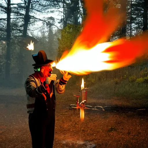 Prompt: photo of a clown using a flamethrower projecting a long bright flame towards a fire