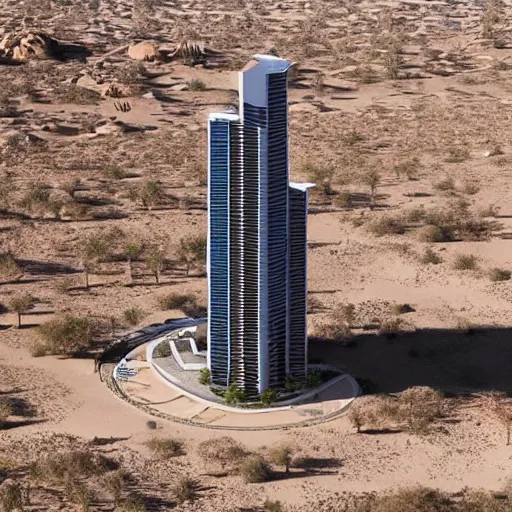 Prompt: evolo skyscraper in the desert