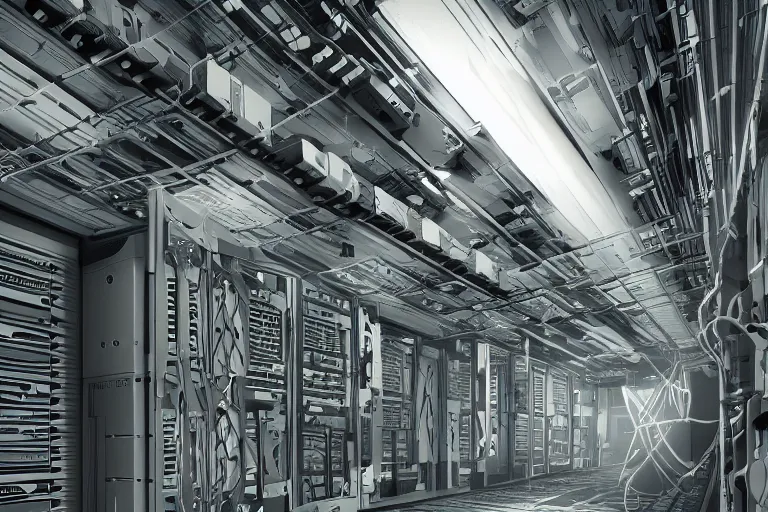 Image similar to parallax datacenter server room interior single mono colossus white rusty android guest robosaurus tusk artstation cinematic detailed concept art sharp coherent cgsociety symmetric perfect well balanced shadows lotr swithes routers