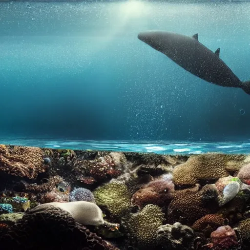 Image similar to ultra realistic underwater photography, panoramic picture of an ocean floor with large baluga whales. lots of bubbles. seaweed and some rocks. gloomy scattered light entering from the water surface, artstation, 8 k