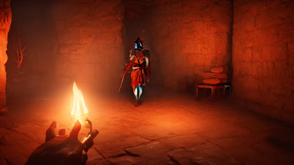 Prompt: delicious torch lit prison dungeon jail cell atmospheric unreal engine hyperreallistic render 8k concept art masterpiece screenshot from the video game Assassin's creed odyssey origins moody orange 2700K global illumination