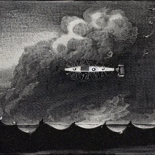 Prompt: grainy reproduction of a 1700s etching of a zeppelin being shot down over the ocean by a sailing ship