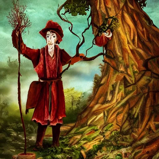 Image similar to a sorcerer holding secateurs in hand, preparing to cut a magic tree with its sap to summon a powerful being to aid them in their work, digital art