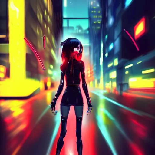 Image similar to digital anime, cyborg - girl standing in the middle of the wet street light bending around her, gaussian motion blur, refracting image, fish eyed lens, black red long hair!, biomechanical details, neon background lighting, reflections, wlop, ilya kuvshinov, artgerm