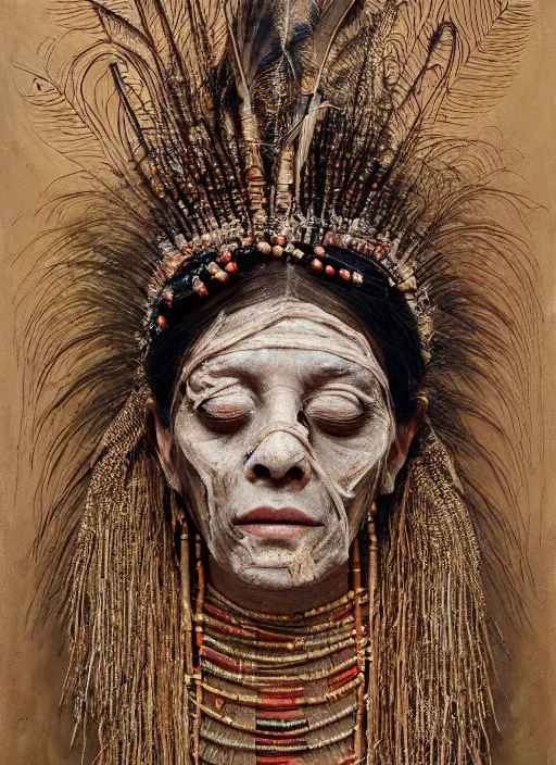 Image similar to a portrait of a mummified woman, ritualistic burial, pagan empress with closed eyes, decorated with beads and feathers and twigs, cobwebs, photorealistic, beautiful hyper realistic painting, detailed portrait