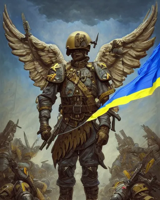 Image similar to A military soldier with angel wings with a blue and yellow flag behind him is standing on a pile of skulls in triumph after the battle, D&D, fantasy, intricate, elegant, highly detailed, digital painting, artstation, concept art, matte, sharp focus, illustration, hearthstone, art by Artgerm and Greg Rutkowski and Alphonse Mucha