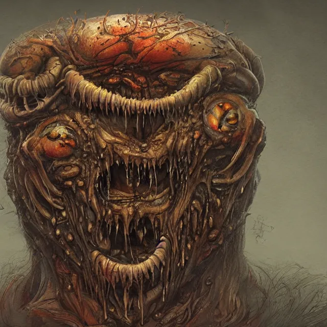 Image similar to concept art of a impossiblely big demonic eldritch garfield with mismatched animal features with its bloody mouth open wide revealing too many teath in the style of zdzisław beksinski in the style of h. r. giger trending on artstation deviantart pinterest furaffinity detailed realistic hd 8 k high resolution