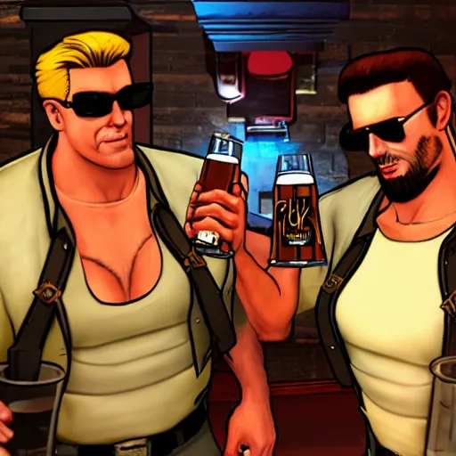 Prompt: duke nukem and serious sam drinking beer in a bar