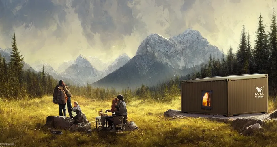 Image similar to cabela's beautiful comfortable carbon framed, modular insulated wall portable container home kit - house all weather family dwelling tent house, person in foreground, mountainous forested wilderness open fields, beautiful views, painterly concept art, environmental concept art, concept art illustration, by james gurney, by craig mullins, by greg rutkowski trending on artstation