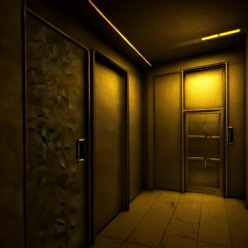 Prompt: Creepy Elevator, Volumetric Lighting, Anamorpic Lens, Cinematic Lighting, Hyperrealistic Rendering, Hyperdetailed, Intricate Details, Dynamic Lights, Raytracing