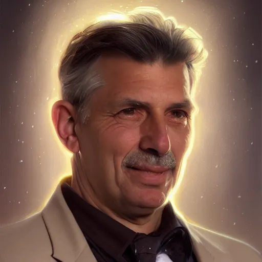 Prompt: 2020 portrait of former hockey player and coach Lou Vairo, fantasy, intricate, elegant, highly detailed, digital painting, artstation, concept art, smooth, sharp focus, luxury fashion illustration, art by artgerm and greg rutkowski and alphonse mucha, brightly lit cinematic soft lighting, photorealistic