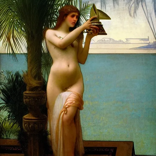 Image similar to Girl with a blood dripping chalice at the palace, thunderstorm, pool, beach and palm trees on the background major arcana sky, by paul delaroche, alphonse mucha and arnold böcklin arnold böcklin hyperrealistic 8k, very detailed