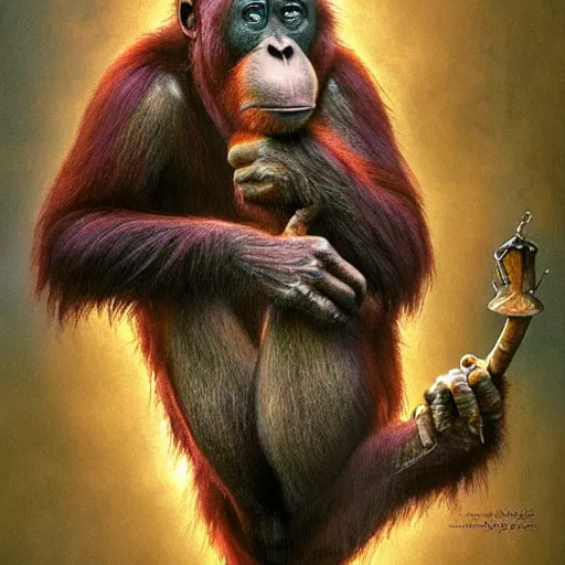 Image similar to Orangutan as a grumpy Libarian in Hogwarts, School of Witchcraft and Wizardry, detailed, hyperrealistic, colorful, cinematic lighting, digital art, illustration from a Harry Potter book by Paul Kidby and Jim Kay