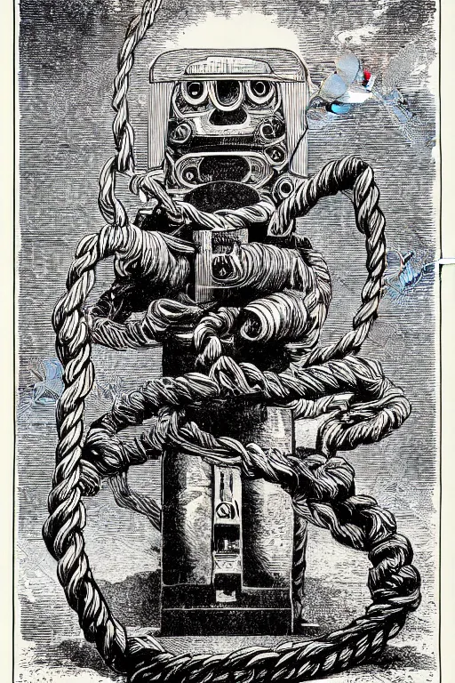 Prompt: 19th century wood-engraving of a slender humanoid robot with eyes unraveling itself into a rope, whole page illustration from Jules Verne book titled Stardust Crusaders, art by Édouard Riou Jules Férat and Henri de Montaut, high quality, beautiful, highly detailed, removed watermarks