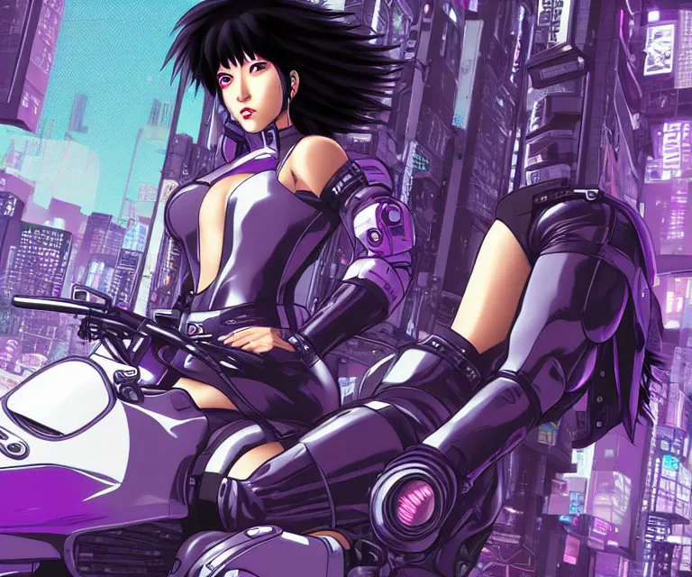 Image similar to motoko kusanagi riding a cyberpunk vehicle in a grungy cyberpunk megacity, bosozoku gang war, cyberpunk vaporwave, by phil jimenez, artgerm, sola digital arts, anti aliasing, raytracing