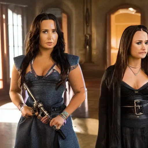 Image similar to close-up of Demi Lovato as Piper Halliwell and Selena Gomez as Phoebe Halliwell and Ariana Grande as Prue Halliwell in a Charmed movie directed by Christopher Nolan, movie still frame, promotional image, imax 35 mm footage