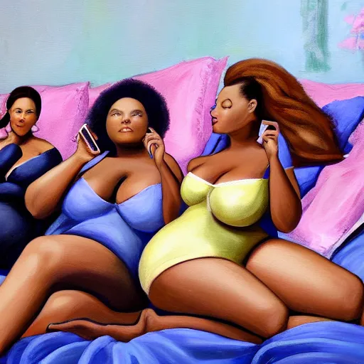 Image similar to photorealistic, stunning, coherent, beautiful painting, still of a group of black bbw models creating content taking a pictures of each other while posing in the same bed , they are all laying down, one of them is on the phone with her boyfriend , 3d, in the style of pixar, smooth, 3d, highly detailed, highly detailed, sharp focus, bokeh, depth of field, 16k resolution, Unreal Engine 5, coherent, cinematic lighting, photorealistic