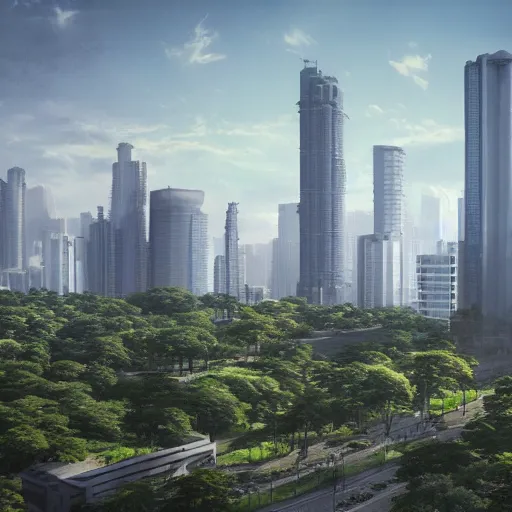 Image similar to realistic building, monster, shenzhen, wide landscape, eva, makoto shinkai