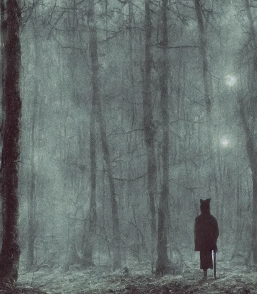 Image similar to high quality high definition colorized movie still from Haxan: a lonely ghost walking alone at night in the woods, high quality silent movie, iridescent color palette