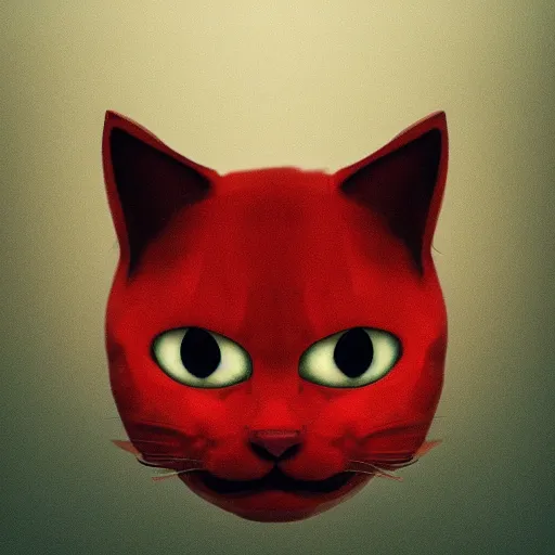 Prompt: Floating red cat head with an evil grin, forest, thunderstorm, dramatic lighting