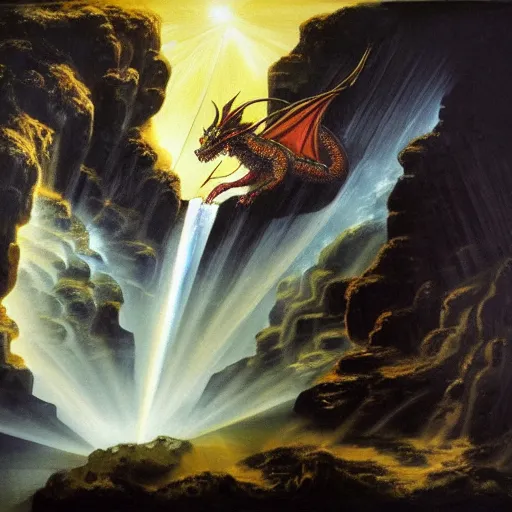 Image similar to oil painting of a dragon flying in the air near a cave with a waterfall in the center, light emanating from the waterfall leading to a big pool of water, dragon has black and white tiger stripes, elegant, sharp focus, wide shot, clear, detailed, early renaissance