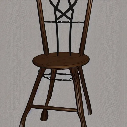 Prompt: cad image of a wooden chair with three cross - spokes and six back - irons, from a furniture magazine, with label and price tag