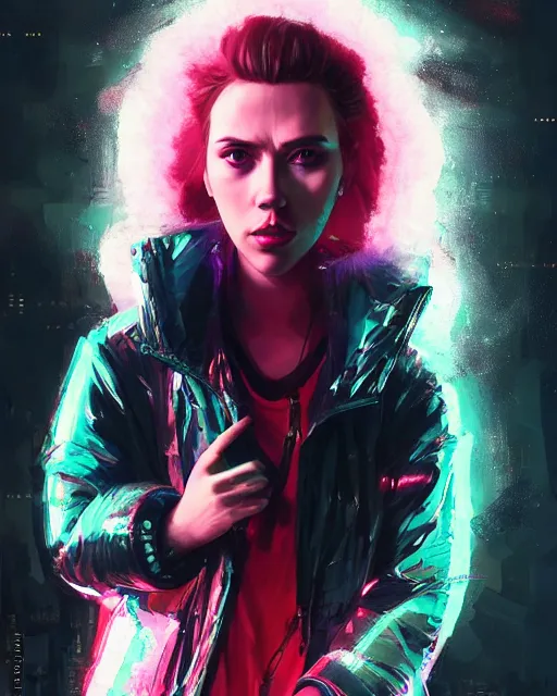 Image similar to detailed portrait Scarlett Johansson Neon Operator Girl, cyberpunk futuristic neon, reflective puffy coat, decorated with traditional Japanese ornaments by Ismail inceoglu dragan bibin hans thoma greg rutkowski Alexandros Pyromallis Nekro Rene Maritte Illustrated, Perfect face, fine details, realistic shaded, fine-face, pretty face