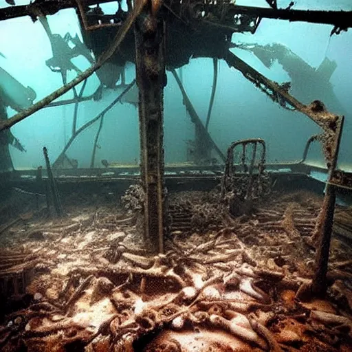 Prompt: inside of a rusty shipwreck, underwater, creepy, horror, eerie, scary,