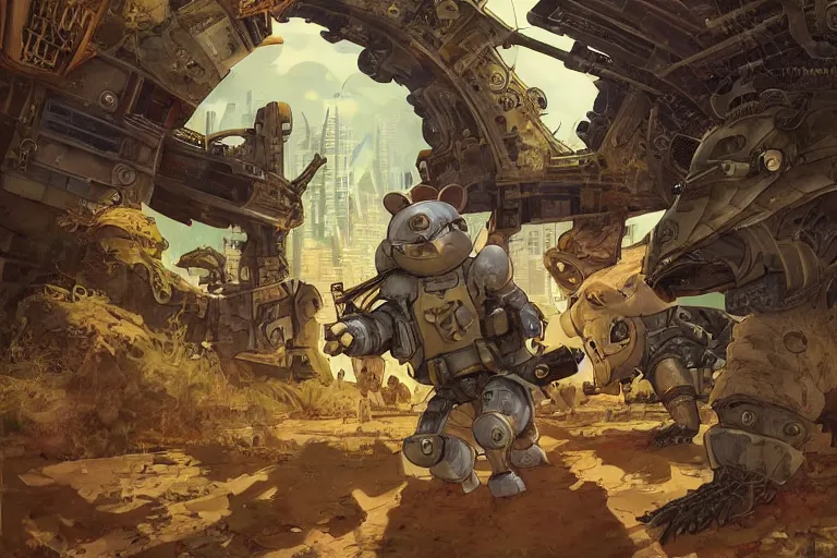 Image similar to a battle ready anthropomorphic rodent with baroque tactical gear on an abandonment otherworldly planet, high intricate details, long shot, rule of thirds, golden ratio, graphic novel by fiona staples and dustin nguyen, by beaststars and orange, peter elson, alan bean, studio ghibli, makoto shinkai