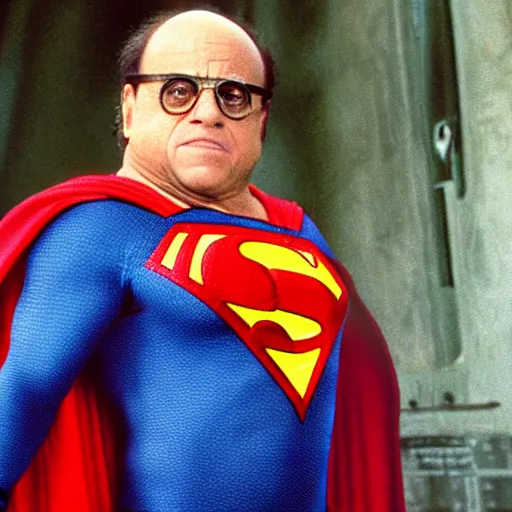 Image similar to Danny Devito as superman, 4K, movie still, photograph, high quality