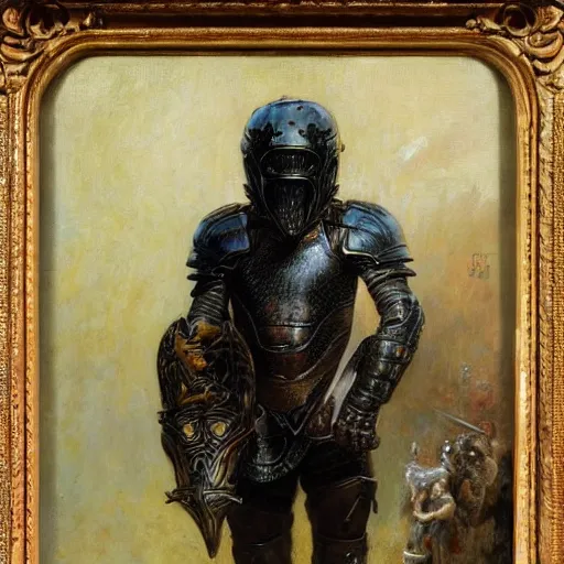 Image similar to a young man wearing a black armor holding the head of a predator, highly detailed painting by gaston bussiere and j. c. leyendecker 8 k the black armor is made by gustave dore