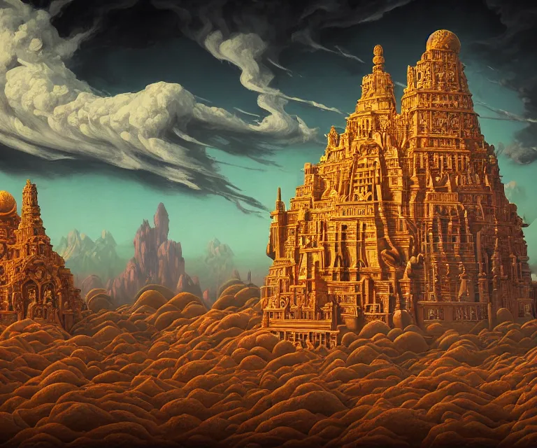 Image similar to hyper detailed 3d render like a Oil painting - ornate temple of the sun, dramatic sky in background, radiant, by Jacek Yerka, Mariusz Lewandowski, Houdini algorithmic generative render, Abstract brush strokes, Masterpiece, Edward Hopper and James Gilleard, Zdzislaw Beksinski, Mark Ryden, Wolfgang Lettl, hints of Yayoi Kasuma, octane render, 8k