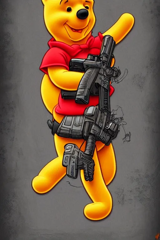 Prompt: Winnie the Pooh as ((cyberpunk)) killer with gun painted on Taro card, digital art, misty, ((gothic)), high detailed, digital art, trending on artstation