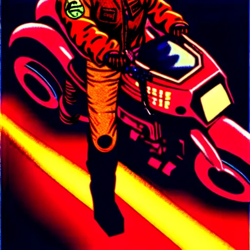 Image similar to kaneda on his motorcycle in neo tokyo looking for akira, night, neon lights, speed, art by katsuhiro otomo, ultra detailed, 8 k