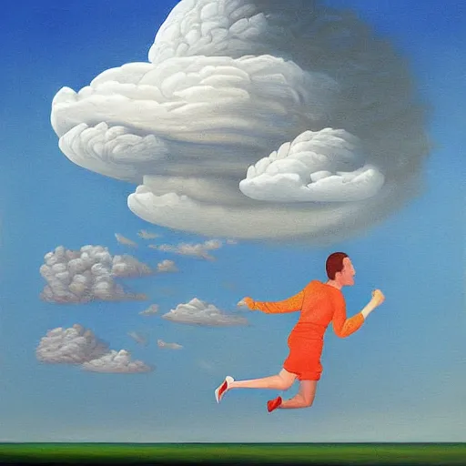 Prompt: running on a cloud surrealist painting