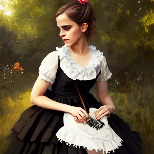 Prompt: highly detailed painting of emma watson wearing a black cat lolita maid dress, stephen bliss, 8 k, by greg rutkowski, artgerm, loish, rhads, global illumination, detailed and intricate environment