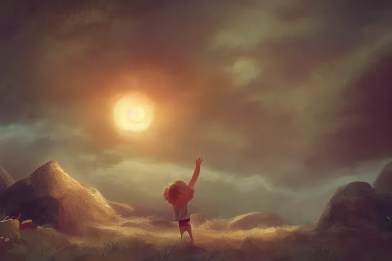 Prompt: a cute little boy and a girl wave their hands, dreamy matte painting, night time, volumetric lighting, smooth, trending on artstation, moonlit backdrop