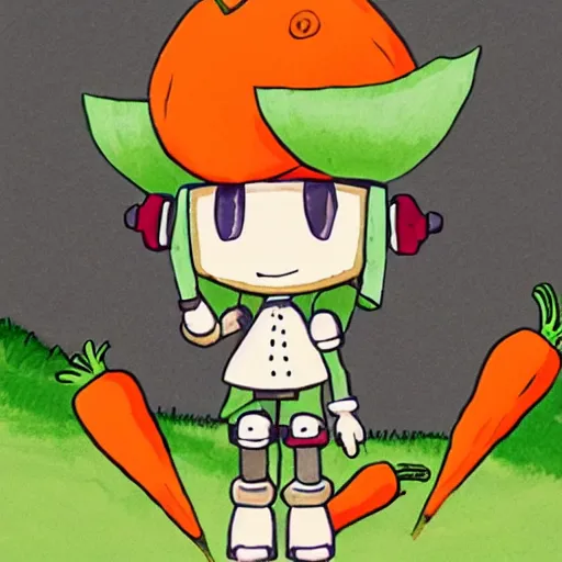 Image similar to little robot with big avocado hat and a carrot sword, made in abyss style