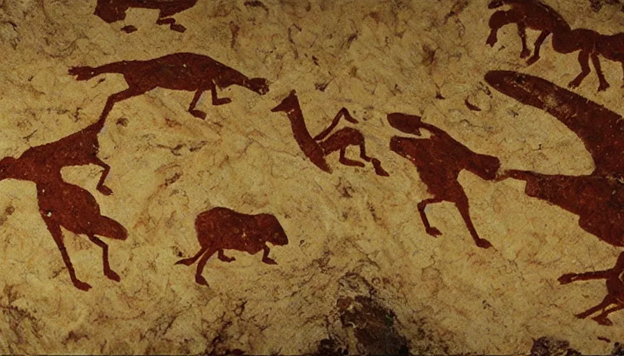 Prompt: a photo of neolithic cave painting of patapons fighting a giant bird, 4 k, history channel, japan studio game, art by rolito, high quality