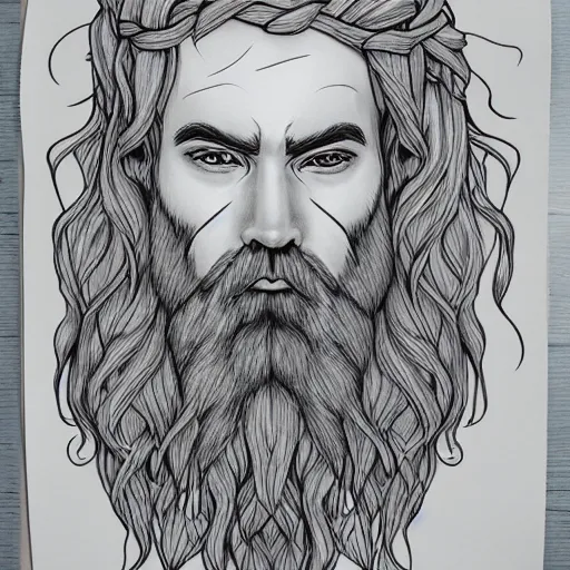Prompt: bearded male druid gray face pointy ears with vines as hair detailed ultra realistic drawing