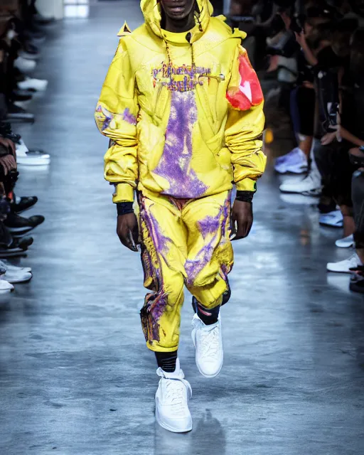 Image similar to hyperrealistic and heavy detailed 2022 poptart balenciaga runway show of travis scott and master chief , Leica SL2 50mm, vivid color, high quality, high textured