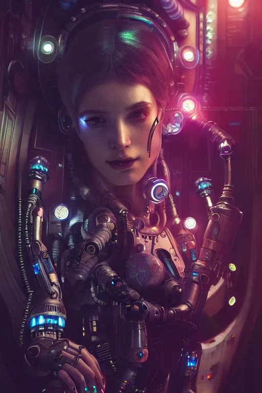 Image similar to ultra realistic, beautiful female cyborg in a crowded smoky cyberpunk club in space megalopolis, sci - fi, intricate details, eerie, highly detailed, octane render, 8 k, art by artgerm and alphonse mucha and greg rutkowski