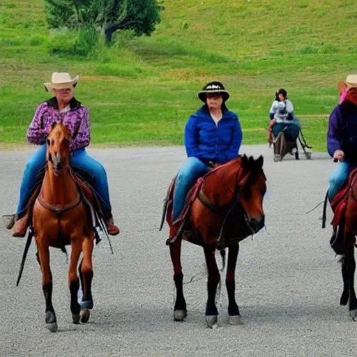 Image similar to Western, people on horses with wheels instead of legs