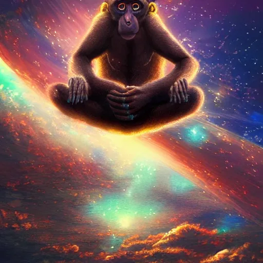Image similar to giant energy monkey in space, digital, artstation, detailed intricate ink illustration, heavenly atmosphere, digital art, overdetailed art, concept art, complementing colors, trending on artstation, cgstudio, the most beautiful image ever created, dramatic, subtle, details, award winning artwork, beautiful scenery