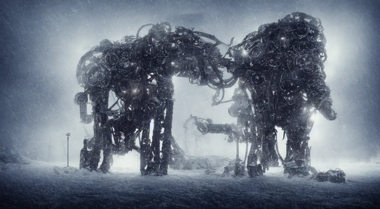 Prompt: “photo of a complex futurist steampunk mechanical mammoth in an arctic storm, fog, snow storm, cold sunset, wind , ice, photoreal”