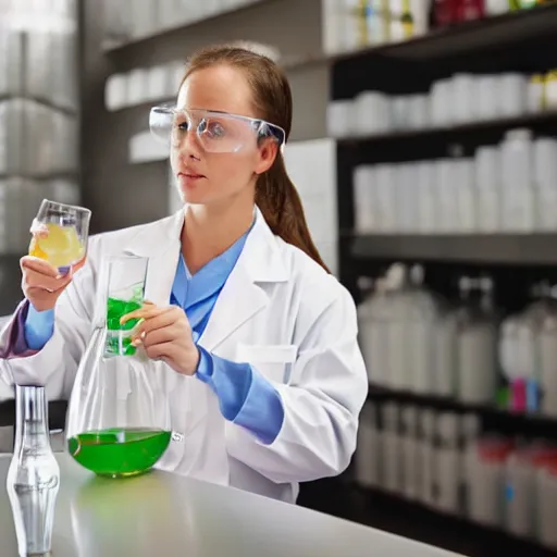 Image similar to image of a scientist drinking a bubbling concoction. she's swelling up with air and bursting out of her lab coat.