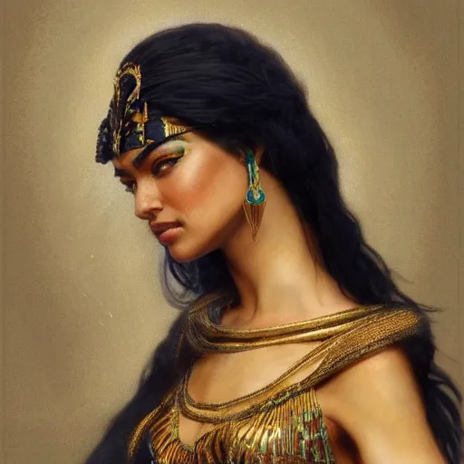 Prompt: Shanina Shaik as Cleopatra, intricate, elegant, highly detailed, digital painting, artstation, concept art, smooth, sharp focus, illustration, art by artgerm and greg rutkowski and alphonse mucha