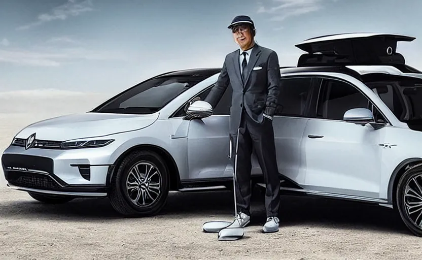 Prompt: the electric suv honma will release soon, outdoor product photography on a golf course