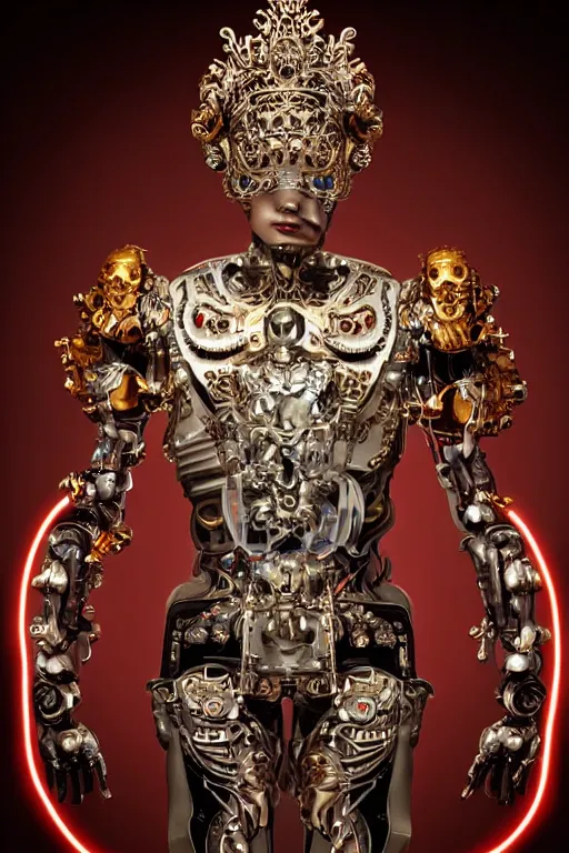 Image similar to baroque and cyberpunk style full-body sculpture of a young seductive Hispanic prince half android with a chest exposing a glowing ruby battery with porcelain arms posed like a model, glowing gold laser eyes, crown of white gears and sparkling diamonds, swirling white-colored silk fabric, robot dinosaurs. modern elements. reflective surfaces. intricate artwork by caravaggio. art by Artgerm and Alphonse Mucha, Trending on artstation, cinematic industrial lighting, photorealistic, octane render, 8k, depth of field, 3D