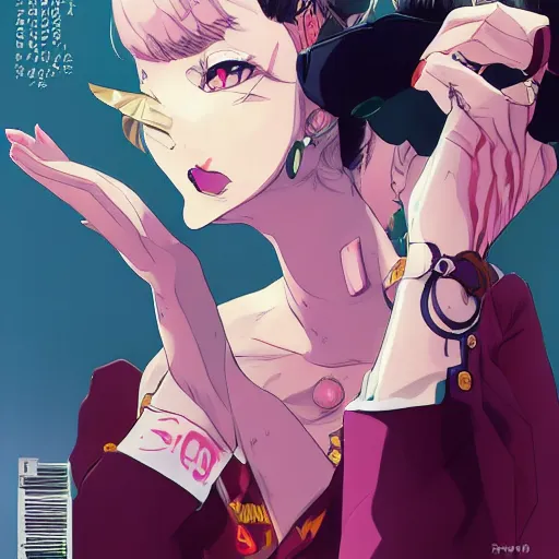 Image similar to Magazine Cover Anime key visual of a Gucci girl; official media; typography; drawn by Hirohiko Araki; Jojo's Bizarre Adventure; Jojolion, portrait, made by Stanley Artgerm Lau, WLOP, Rossdraws, James Jean, Andrei Riabovitchev, Marc Simonetti, Yoshitaka Amano, ArtStation